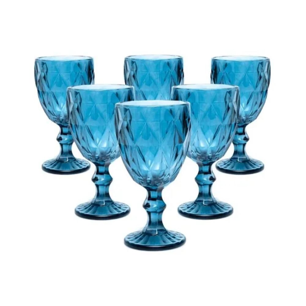 Jogo 06 Taças Vinho 240 ML Bico Abacaxi Azul Vitral Verre Requinte Mesa Posta